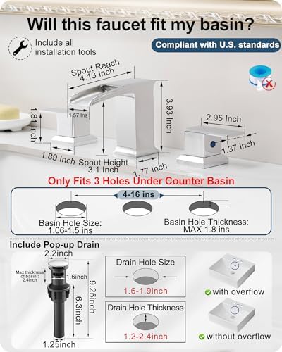 3 Hole Bathroom Faucet Waterfall, Chrome 8 Inch 2 Handles with Drain - Image 6