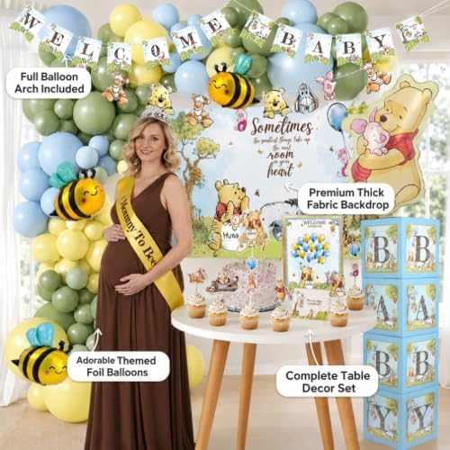 271 Pc Classic Winnie Baby Shower Decorations for Boy – All-In-1 Blue Pooh Baby Shower Balloon Arch, Vintage Pooh Bear Theme Party Decoration Kit with Backdrop, Banners, Baby Boxes, Sash & Table Décor - Image 6