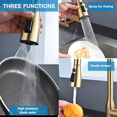 Metal Kitchen Faucet Head Replacement, 3 Functions Kitchen Faucet Head High Pressure, Brushed Gold Pull Down Kitchen Sink Sprayer Replacement with 9 Adapters Compatible with Most Faucets - Image 6