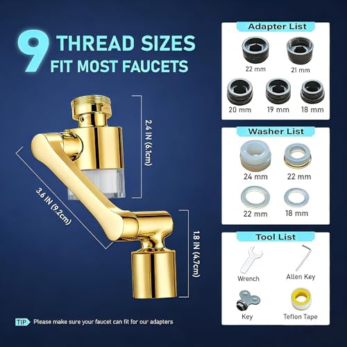 ATQ Sink Faucet Extender Aerator Reduce 99% Lead, Chlorine, 1080° Rotating 2 Modes Spray Attachment for kitchen/Bathroom/Toddlers, 9pcs Filter (Aerator1080 - Bright Gold) - Image 7