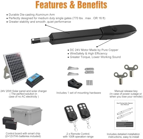 JUJIANG C026 Solar Gate Opener with Batteries & Solar Panel for Dual Swing Gates Up to 1540lb Automatic Gate Opener with Remote Complete Kit Medium Duty Electric Gate Opener Solar Powered 60W Motor - Image 6