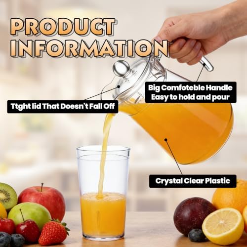Plastic Juice Pitcher with Lids & cups, 50 oz Large Capacity, Shatterproof & BPA-Free Water Jug for Tea, Lemonade, Sangria, Juice, Beverages - Image 7