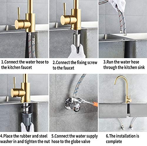 Single Handle High Arc Brushed Gold Kitchen Faucet Stainless Steel Commercial Single Hole Kitchen Sink Faucet,Modern One Hole Bar Sink Faucet(Brushed Gold) - Image 6