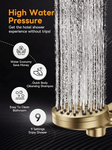 High Pressure Handheld Shower Head Brushed Gold- Anti-clog Nozzles, Built-in Power Wash to Clean Tub, Wall & Overhead Brackets,Magnetitc Rainfall Showerhead with handheld - Image 6