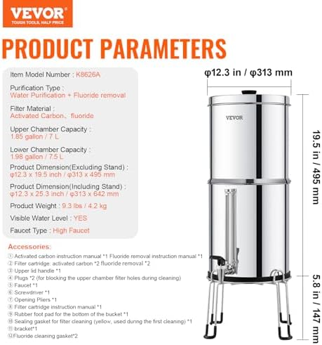 VEVOR Gravity-fed Water Filter System, 2.25G 304 Stainless-Steel Countertop Filtration System, Reduces Lead and up to 99% of Chlorine, with 2 Activated Carbon Filter, 2 Defluorination Filter, Spigot - Image 7