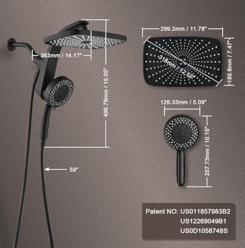 Rain Shower Head with Handheld Showerhead, Black 1.8GPM 460311 + Holder - Image 7