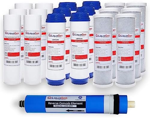 LiquaGen 3 Year - 19 Pack Bulk Replacement Filter Set for Reverse Osmosis (DI) Water Filter Systems 10"- 6 PP Sediment, 6 CTO, 6 UDF, 1 RO Membrane (NO Membrane) by LiquaGen