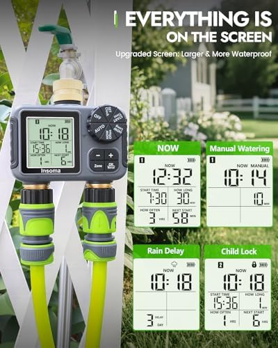 Insoma 2-Zone Sprinkler Timer with Brass Inlet & Outlet, Water Timer for Garden Hose with Auto/Manual/Rain Delay Mode, Big LCD Display, Easy Setup Hose Timers for Lawn, Garden, Vacation Watering - Image 6