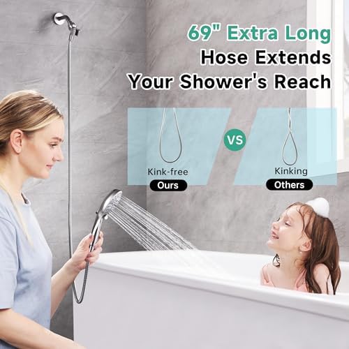 BRIGHT SHOWERS High Pressure Shower Head with Handheld, 9 Spray Settings Showerhead Built in Power Wash to Clean Tub and Pets, Extra Long 69" Hose, Adjustable Bracket, Brushed Nickel - Image 6