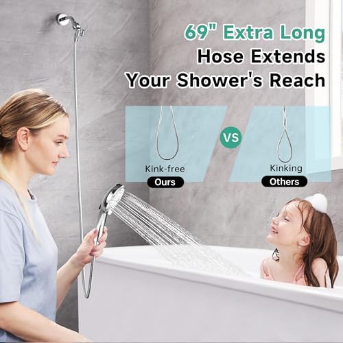 BRIGHT SHOWERS High Pressure Shower Head with Handheld, 9 Spray Settings Showerhead Built in Power Wash to Clean Tub and Pets, Extra Long 69" Hose, Adjustable Bracket, Chrome - Image 6