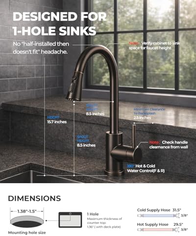 WEWE Pull-Down Kitchen Faucet, 3-Mode Sprayer, Oil Rubbed Bronze, High Arc - Image 6