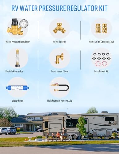 RV Water Pressure Regulator Kit, RV Fresh Water Kit All-in-One Sprinkler Blowout Adapter, Inline Water Filter, Hose Splitter, Brass Elbow, Flexible Connector, Hose Quick Connects, Leak Repair Kit - Image 7