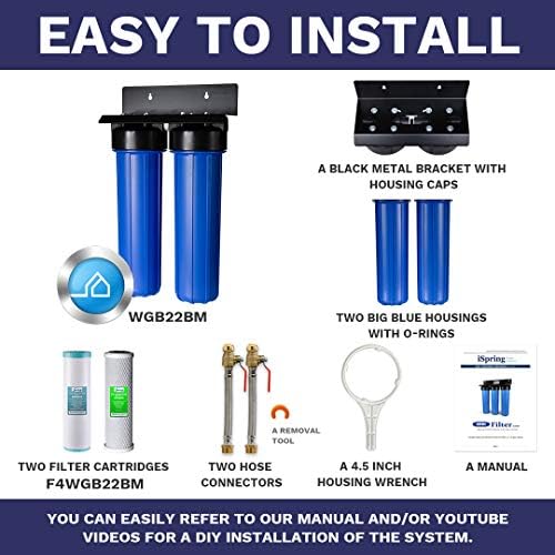 iSpring WGB22BM+AHPF12MNPT16X2 2-Stage Whole House Water Filtration System with 20” x 4.5” Carbon Block and Iron & Manganese Reducing Filters and 3/4" Push-fit Stainless Steel Hose Connectors, Blue - Image 6