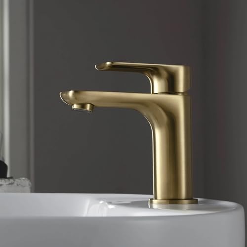 KIBI Tender Brushed Brass Bathroom Sink Faucet with Pop-Up Drain | Single Handle Solid Brass High Arc Spout | Smooth Water Flow and Corrosion-Resistant (Brushed Brass W/Pop Up Drain) - Image 3