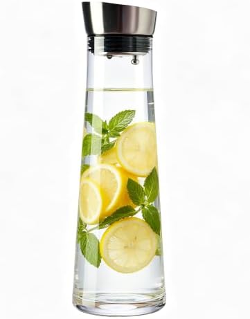 GLASKEY Glass Water Carafe with Lid,1200ml Borosilicate Glass Juice Pitcher with Stainless Steel Gravity Lid,Clear Water Pitcher for Ice Tea, Lemonade, Coffee,Juice Beverage,40 oz by GLASKEY