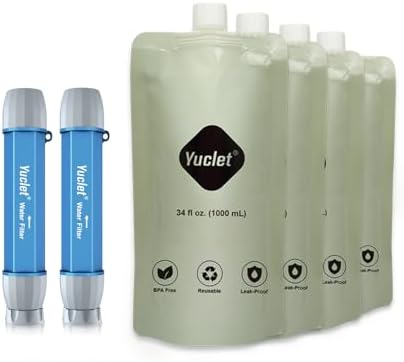 Squeeze Water Filter Straw System for Hiking, Camping, Travel, and Emergency Preparedness (2 Water Filter Straw, 4 Squeezable 34-Oz Water Pouch) by YucletProducts
