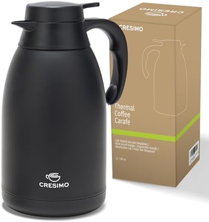 Thermal Coffee Carafe 68 oz by Cresimo – Updated 2025 Model – Insulated Black Stainless Steel Coffee Urn & Drink Dispenser, Keeps Drinks Hot 12h / Cold 36h – Durable & Easy to Pour by Cresimo