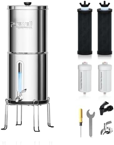 Purewell 1.5G Gravity Water Filter System with Water Level Window, 8-Stage 0.01μm Ultra-Filtration Stainless Steel Countertop System with 4 Filters and Stand, Reduce Fluoride and Chlorine, PW-MKS-CF by Purewell