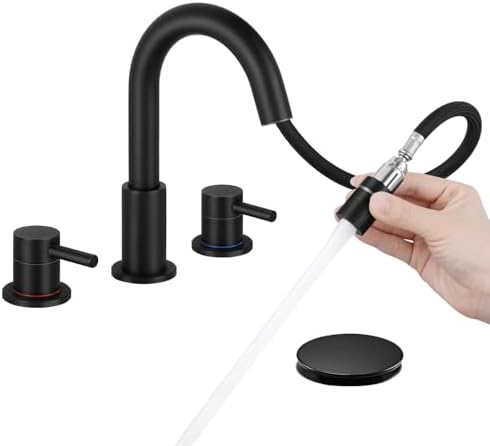 Bathroom Faucet 3 Hole with Pull Down Sprayer Matte Black, 2-Handle by IUERASD