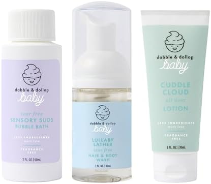 Dabble & Dollop Baby Minis Kit – Fragrance-Free, Tear-Free Shampoo & Body Wash, Bubble Bath and All Over Lotion, Travel Size Baby Toiletries or Gift Set for Newborns & Sensitive Skin - Image 5
