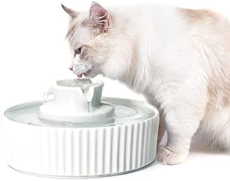 Ceramic Cat Water Fountain, Pet Ceramic Water Fountain Dispenser, 2.1 L Drinking Fountains Bowl for Cats and Dogs with Replacement Filters and Foam(White) by TheBestPetConsultant