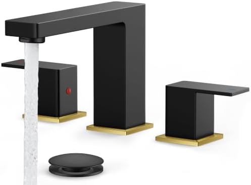 FORIOUS Widespread Black and Gold Bathroom Faucet Square, 8 in Black Faucet by FORIOUS