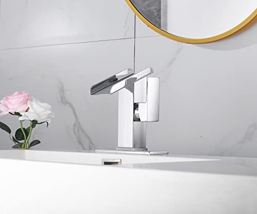 Chrome Bathroom Sink Faucet One Hole LED Waterfall Spout RGB 3 Colors Light Changing Lavatory Vanity Faucets Brass Single Handle Modern Washbasin Bath Tap Include Plates to Cover Holes Residential - Image 6