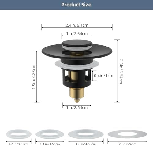 Hibbent 2 Pack All Metal Universal Bathroom Sink Stopper for 1.1''~2.3'' Basin, Pop Up Sink Drain Strainer, Brass Bullet Core Push Type Stopper, Stainless Steel Anti Clogging Drain Filter, Matte Black - Image 4