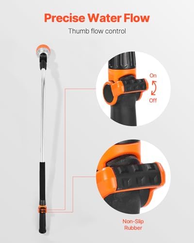 VEVOR Watering Wand,36-Inch Extra Long Heavy Duty Garden Hose Wand with 8 Spray Patterns & 180° Swivel Head, Long Hose Nozzle Sprayer with on/off Thumb Control, Ideal for Hanging Baskets, Shrubs, Lawn - Image 5