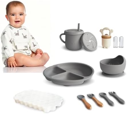 Silicone Baby Feeding Set 12PCS,Baby Led Weaning Set(Matte Gray) by Dormlony