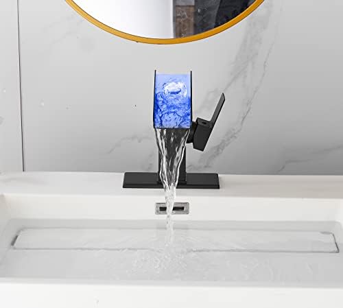 Bathroom Sink Led Faucet Waterfall Spout Black RGB 3 Colors Changing Temperature Lavatory Vanity Sink Faucet One Hole Handle Modern Washbasin Tap with Lights Deck Mount Commercial - Image 5