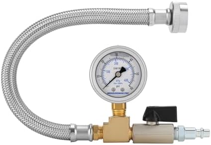 MEASUREMAN Garden Hose Blowout Kit, 0–60 PSI Pressure Gauge, 12'' Stainless Steel Braided Hose, 3/4 Inch GHT, 1/4 Inch Quick Connect Blowout Plug with Shut Off Valve for Garden Faucet by MEASUREMAN