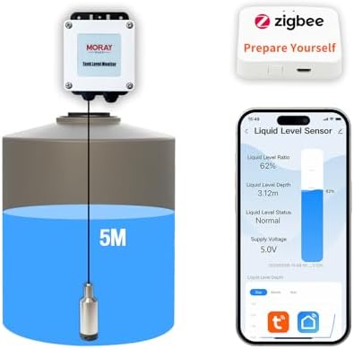 Moray Smart WiFi Water Level Sensor, Zigbee Water Tank Level Monitor, 5m Ultrasonic Liquid Level Sensor, Automatic Alarm Indicator, Tuya Smart Life App, Smart Home Remote, IP67 Waterproof (ME202Z 5m) by Unknown