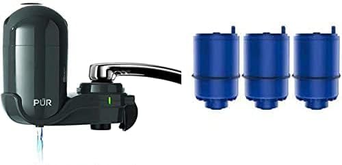 PUR Faucet Mount Verticle Water Filtration System, Black with 4 Replacement Filters Included by PUR