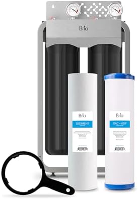 Brio Whole House Water Filter System for Heavy Metal Reduction w/Gauges | 2 Stage Fast-Flow Filtration (Sediment, GAC + KDF) 4.5" x 20" Filters | Improves Taste & Protects Home Appliances | 900 GPH by Brio