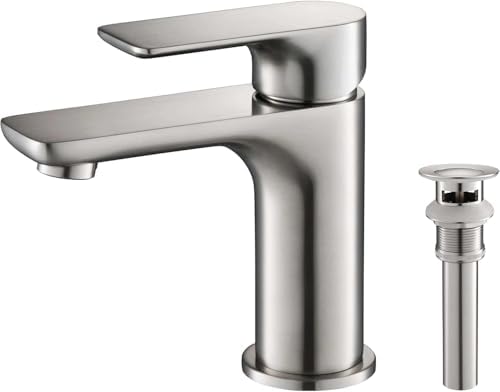 KIBI Tender Brushed Nickel Bathroom Sink Faucet with Pop-Up Drain | Single Handle Solid Brass High Arc Spout | Smooth Water Flow and Corrosion-Resistant (Brushed Nickel W/Pop Up Drain) by KIBI