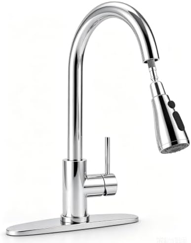 Chrome Kitchen Faucet with Pull Down Sprayer, 3-Mode Single Handle Sink Faucet for 1-Hole or 3-Hole Installation, SUS 304 Stainless Steel with 10-Inch Deck Plate by OWOFAN