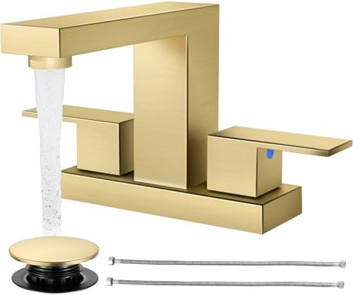 Cobbe Bathroom Faucets for Sink 3 Hole, Brushed Gold Bathroom Sink Faucet Square 4 Inch Centerset with Pop-Up Drain, 2 Handle and 2 Supply Hoses, Lead-Free Stainless Steel for Vanity, Rv, Farmhouse by Cobbe