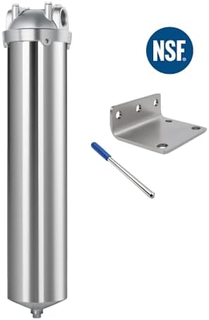 NSF/ANSI 42 Stainless Steel Whole House Water Filter Housing, 20" x 2.5" Sediment Water Filter System for Heavy Duty, Well & City Water, 1" NPT Port, Drain Valve Style C (Square Head) - Image 2