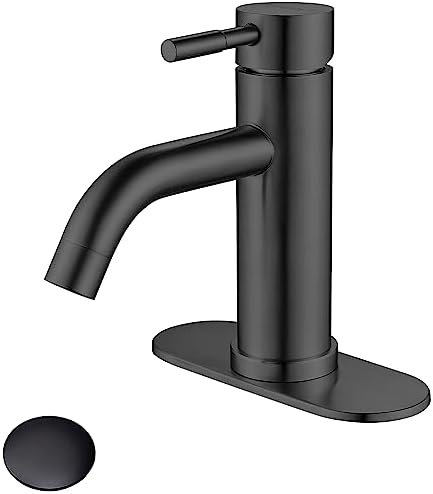 Single Hole Bathroom Sink Faucet Matte Black, Modern Single Handle Bathroom Faucet Commercial Stainless Steel Basin Faucet with Drain by KOHONBY