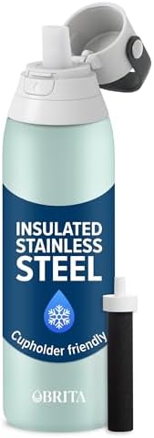 Brita Stainless Steel Premium Filtering Water Bottle, BPA-Free, Reusable, Insulated, Replaces 300 Plastic Water Bottles, Filter Lasts 2 Months or 40 Gallons, Includes 1 Filter, Glacier - 20 oz by Brita