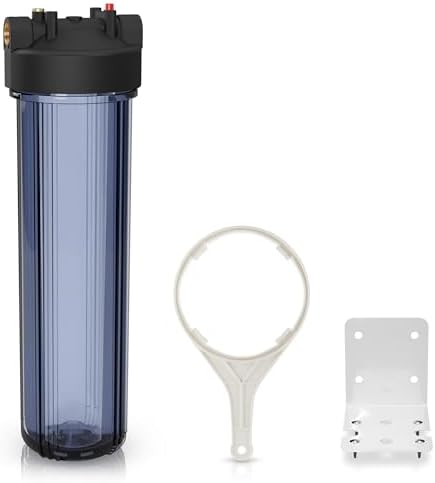 Max Water Whole House Water Filter Housing, Fits 20" x4.5" Big Filter Blue Pre-Filtration System for Well and City Water, 1 inch NPT Ports with Wrench and Bracket (Clear Housing) by MaxWater