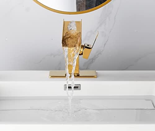 Bathroom Sink Faucet Gold Single Handle 1 or 3 Hole 4 Inch Waterfall Open Spout Bathroom Faucets Modern Brass Lavatory Bath RV Vanity Sink Faucets Basin Mixer Tap with Supply Line Cover Plate - Image 5