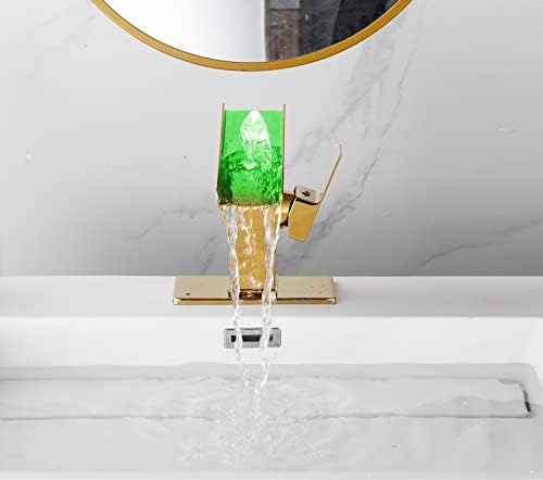 Gold Bathroom Faucets LED Waterfall Spout One Hole RGB 3 Colors Light Changing Lavatory Vanity Sink Faucet Brass Single Handle Modern Washbasin Bath Basin Tap Contemporary with Water Supply Lines - Image 4