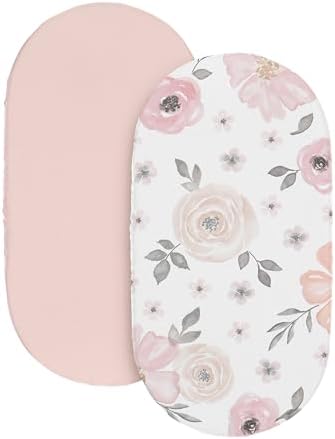 Sweet Jojo Designs 2-Piece Baby Bassinet Sheets Set (Pink/Grey Boho Floral) for Girls, Infant Nursery, Newborn Room - Oval Rectangle Hourglass Mattress (Solid Color, Bohemian, Farmhouse, Chic, Flower) - Image 2
