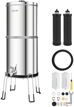 VEVOR Gravity-fed Water Filter System, 2.25G 304 Stainless-Steel Countertop Water Filtration System, Reduces Lead and up to 99% of Chlorine, w/ 2 Carbon Filter, 2 Defluorination Filter, Spigot, Stand by VEVOR
