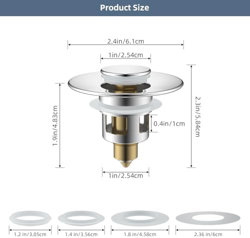 Hibbent All Metal Universal Bathroom Sink Stopper for 1.1''~2.3'' Basin, Pop Up Sink Drain Strainer, Brass Bullet Core Push Type Stopper, Stainless Steel Anti Clogging Drain Filter, Chrome - Image 4