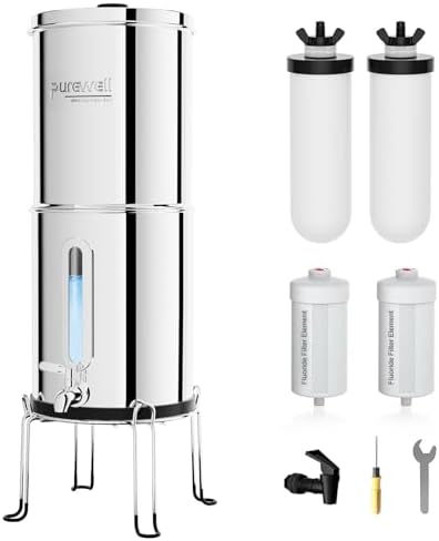 Purewell 2.25G Gravity Water Filter System with Water Level Window, 8-Stage Stainless Steel Countertop System with 4 Filters and Stand, Reduce Fluoride and Chlorine, PW-KST-CF by Purewell