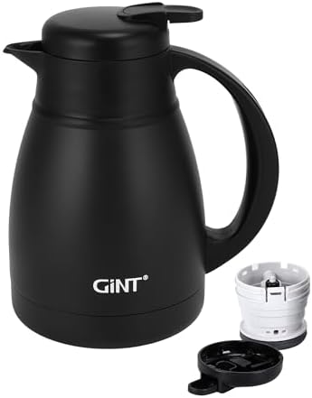 GiNT Insulated Coffee Carafe 34 Oz, Small Stainless Steel Flask for Hot Coffee with Fully Washable Detachable Lid, Portable Thermal Pitcher One-Hand Push Button Tea Dispenser for Travel Camping Office by WelcometoGiNT