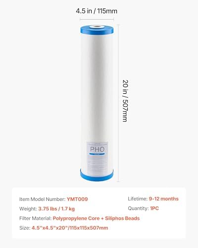 VEVOR Whole House Water Filter Replacement Cartridge, 4.5" x 20" Polyphosphate Scale Inhibitor Filter for Whole Home Water Filtration System, Reduce Chlorine, Taste, Odor, Prevent Corrosion - Image 7